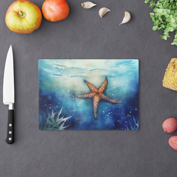 Planche à Découper En Verre Trempé Avec Motif Mer, Dauphins, Ciel Et Soleil - Lot De 2 (30x52 Cm)