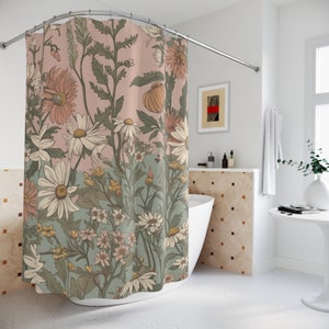 Daisy Wildflower Shower Curtain Sage Green Blush Pink Vintage Inspired 70s Floral Themed Bathroom Bohemian Cottagecore Bathroom Retro