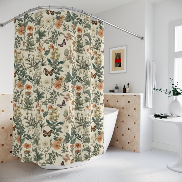 Botanical Shower Curtain: Wildflowers & Butterfly Cottagecore Bath Decor