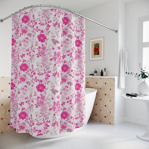 Hot Pink Floral Shower Curtain Toile Cottagecore French Farmhouse Bath Decor Boho Shower Curtain Victorian Bathroom Decor