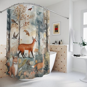 Woodland Creatures Shower Curtains Fox Rabbit Owl Shower Curtain Nature Curtain Gift For Family New Home Gift Woodland Decor Rustic Bath