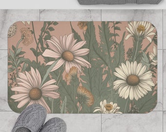 Daisy Wildflower Bath Mat Sage Green Blush Pink Vintage 70s Floral Themed Bath Mat Bohemian Cottagecore Bathroom Retro