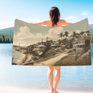 Toalla de playa con diseño de ciudad costera, estilo postal vintage, regalo nostálgico, elegante, funcional, suave