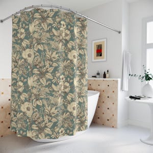 Botanical Shower Curtain Green Floral Shower Curtain Victorian Bath Decor Cottagecore Toile Decorative Vintage Bathroom Decor