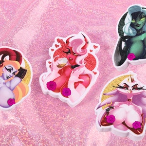 May include: Four colorful stickers featuring cartoon women with different hairstyles and outfits. Each sticker has a glitter background and pink roses.