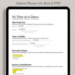Könnte beinhalten: Ein digitaler Planer auf einem Tablet, betitelt mit "Digital Planner for Rest & PTO." Der Bildschirm zeigt "My Time at a Glance" mit Start- und Enddaten, Urlaubstunden und persönlichen Ankern.