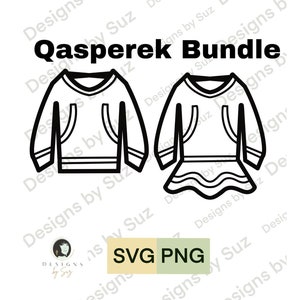 May include: Black and white line art of two sweatshirts, one with a straight hem and the other with a ruffled hem. The text "Qasperek Bundle" is above the sweatshirts. Below the sweatshirts is the text "SVG PNG".