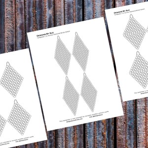 May include: Three printable templates for beaded earrings in a diamond brick stitch pattern. Each template shows four earrings, with the text "Designs By Suz" and "Template (1.1) Arrow Diamond Brick Stitch" at the top.