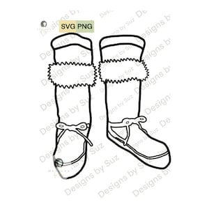 May include: Black and white line art illustration of two tall boots. The boots have a rounded toe, a bow detail, and a fluffy trim at the top. The text "SVG PNG" is in the upper left corner.