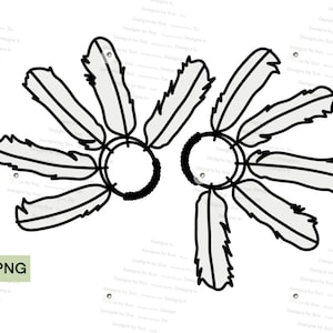 Può includere: Un disegno in bianco e nero di due acchiappasogni con piume. Ogni acchiappasogni ha una cornice circolare con un design a rete e sei piume che si irradiano verso l'esterno.