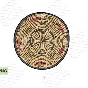 May include: A circular woven basket with a spiral pattern in shades of brown, beige, and green. The basket has a dark brown rim and four red accents.