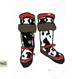 May include: Illustration of a pair of winter boots. The boots have a black and white cow print pattern, red accents, and brown faux fur trim. The boots are tied with red laces and have a red sole.