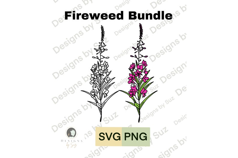 May include: A digital download of two black and white line drawings of fireweed flowers. One flower is in pink and the other is in white. The text "Fireweed Bundle" and "SVG PNG" are included in the image.