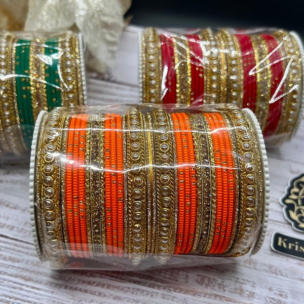 Beautiful Bollywood Shiny Metal Bangles Colorful Pearl Indian & Pakistani Wedding Bangle Set.Size 2.6, 2.8  KarwaChauth Bangles Special