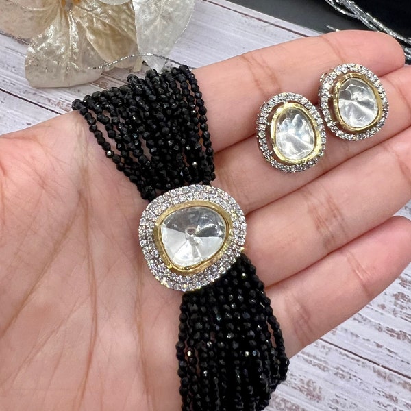 Beautiful Uncut Diamond Kundan Choker Necklace with Studs/VictorianJewelry/Pakistani Indian Western Choker Necklace/Black,Magneta,navy,emera