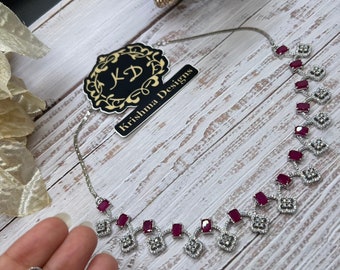Beautiful Bridal Ad Necklace set. Dainty statement necklace with high quality stones.CZ necklace set, American diamond. Pink, Maroon.