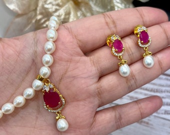 Beautiful Original Fresh PearlNecklace Ruby Emerald Green Stone AD Set,Fresh Water Pearls Necklace,Hyderabadi pearls Mala necklace set.Gifts