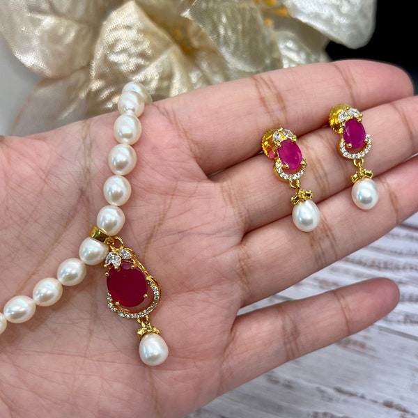 Beautiful Original Fresh PearlNecklace Ruby Emerald Green Stone AD Set,Fresh Water Pearls Necklace,Hyderabadi pearls Mala necklace set.Gifts