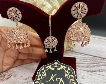 Beautiful American Diamond Jhumki Earrings with Tikka| Perfect for Wedding and Party wear occassion | High end AD earrings| gifts for her