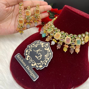 Beautiful Multi Pastel Sabyasachi Kundan Choker set with earring and Mang tikka. Monalisa Stones.Gifting.Indian,Pakistani bridal.MultiPastel
