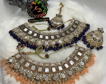 Special High End Gold Plated Mirror necklace set,Earrings and mang tikka, indian bollywood jewelry.Bridal jewelry, mirror jewelry.Blue Peach