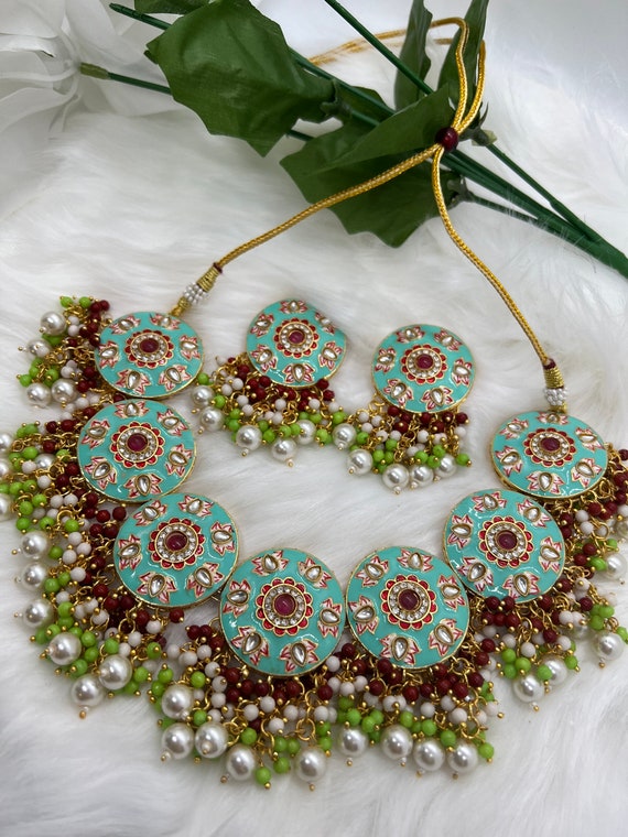 Beautiful Sabyasachi Style Meenakari Necklace Earring set. Statement jewelry. Indian, Pakistani ,Bollywood jewelry.Bridal Jewelry.Mint,Black