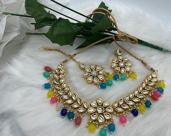 Beautiful Bollywood Style High quality Kundan Polki Necklace set with earring, tikka set. Meenakari design on back. Indian, Pakistani Multi