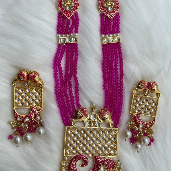 Beautiful Kundan Polki Morni Peacock Rani haar pearls & dangling earrings. Indian, pakistani jewelry. Pink,Magneta,Burgundy|Long Mala Neckla