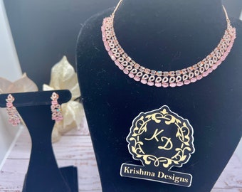 Cubic Zirconia Diamonds Necklace Earrings Set, Pink Necklace Earrings, Silver Choker Necklace Earrings, Engagement Set, Indian jewelry.