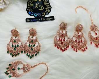 Beautiful American Diamond Dangling Earrings with Mang Tika| Perfect for Wedding and Party wear occassion | High end AD earrings| ruby,green