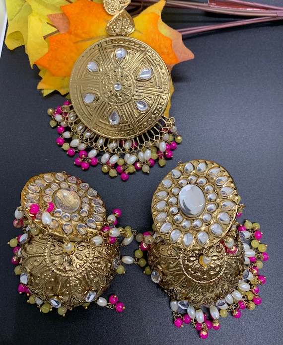 Gold Plated Beaded and Peepal Patti Danglers Earrings cum Maang Tikka Set -  PINK PITCH - 2586623