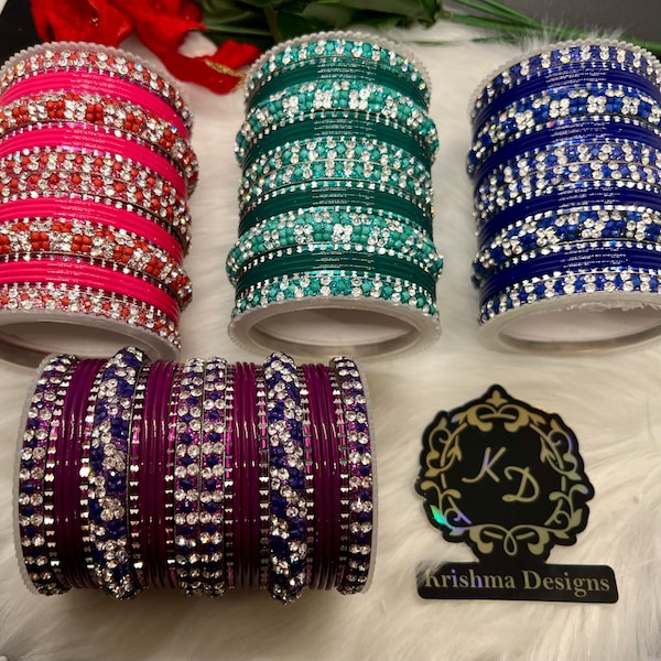 Traditional Indian Bollywood ShinyBangles Colored Stone Indian & Pakistani Wedding Bangle Set.Size 2.8.