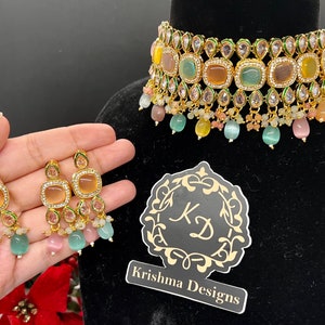 Beautiful Multi Pastel Sabyasachi Kundan Choker set with earring and Mang tikka. Monalisa Stones.Gifting.Indian,Pakistani bridal.MultiPastel