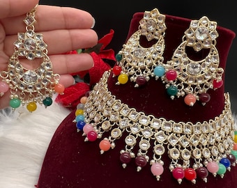 Lightweight Ethnic Indian Pakistani Jewelry Set with Colored Beads Necklace Earings MangTika.Wedding,bridesmaid.Mothers Day Gift Jewelry