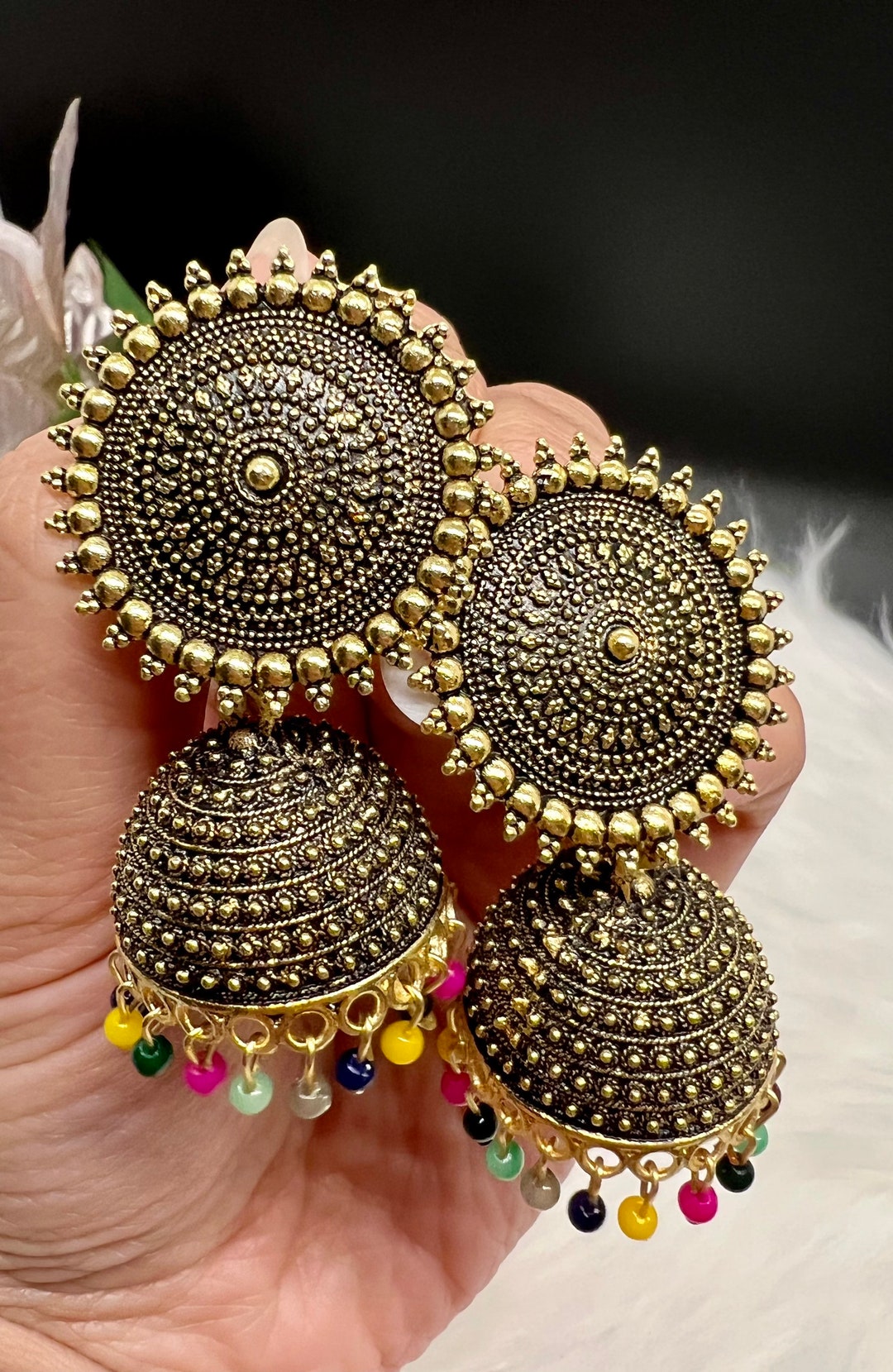 Oxidized Silver Teardrop & Jhumka Drop Earrings Emerald Green LP- 48Hr Delivery