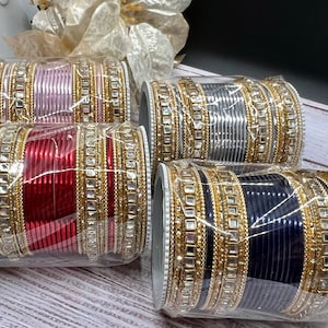Beautiful Bollywood Shiny Metal Bangles Colored Stone Mirror Indian & Pakistani Wedding Bangle Set.Size 2.8, 2.10 Bangles Special