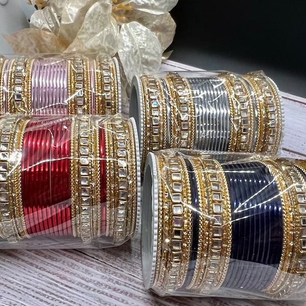 Beautiful Bollywood Shiny Metal Bangles Colored Stone Mirror Indian & Pakistani Wedding Bangle Set.Size 2.8, 2.10 KarwaChauthBangles Special