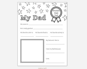 Father's Day Worksheet, Father's Day Coloring Page, My Dad Worksheet, Father's Day Printable,  All About My Dad Printable, PDF