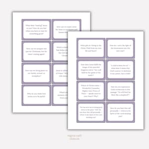 May include: Two sheets of white cards with purple borders, each containing questions about faith and spirituality. The cards are arranged in a grid, with text such as "How can we bring peace to our family, school, or workplace?"