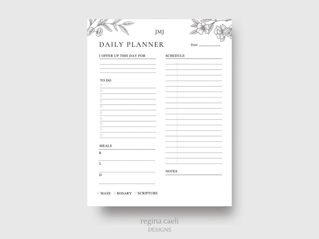 Printable Daily Planner With Spiritual Trackers and Meal Plan, Catholic ...