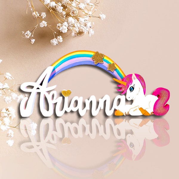 Nome in legno con unicorno e arcobaleno