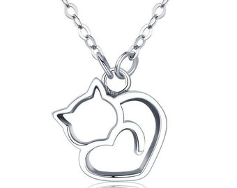 Cat  & Heart Pendant Sterling Silver, necklaces, cats, sterling silver, gifts for cat lovers, sterling silver necklace