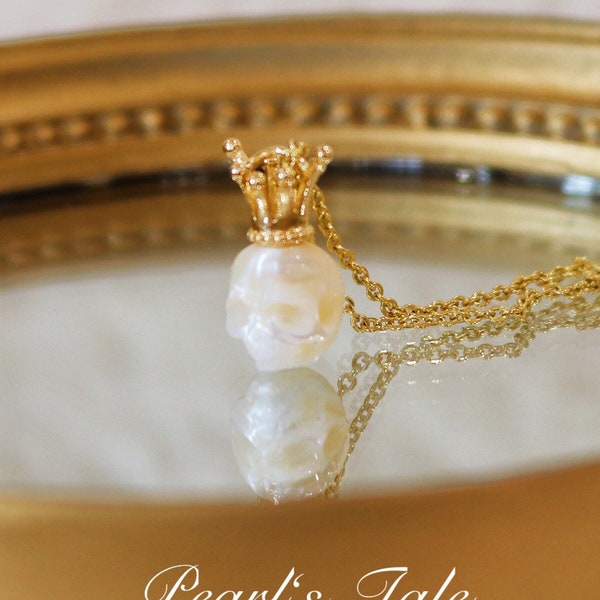 Natural Pearl Skull Necklace • Hand-carved Pearl Skull•Dainty Pearl skull king jewelry•18K solid gold necklace•14k Gold filled necklace•