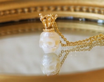 Natural Pearl Skull Necklace • Hand-carved Pearl Skull•Dainty Pearl skull king jewelry•18K solid gold necklace•14k Gold filled necklace•