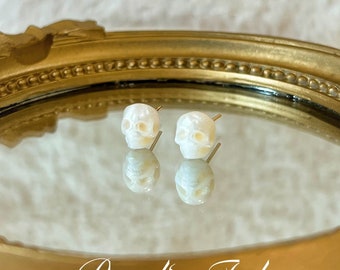 Natural Pearl skull stud Earrings• Hand-carved Pearl Skull earrings •925 Sterling silver earrings •14k Gold Filled • 18k Solid Gold earrings