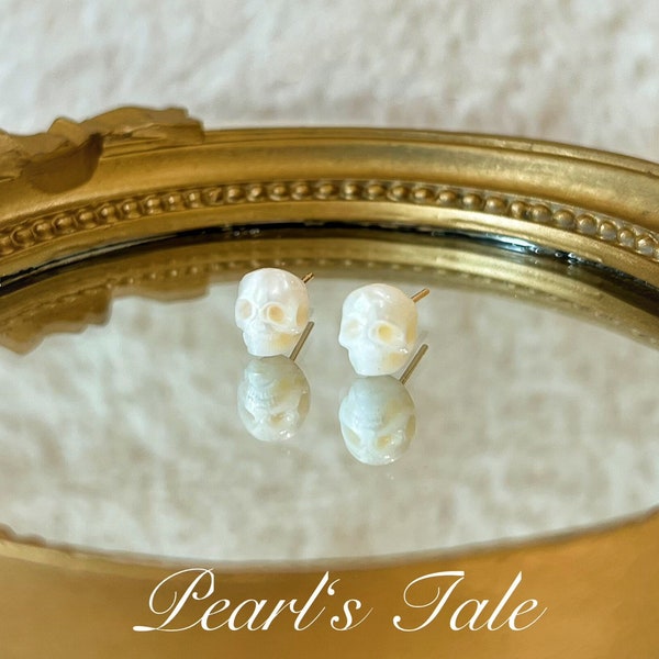 Natural Pearl skull stud Earrings• Hand-carved Pearl Skull earrings •925 Sterling silver earrings •14k Gold Filled • 18k Solid Gold earrings