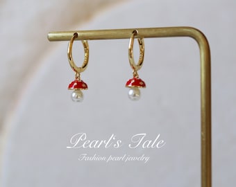 Dainty Mushroom Earrings with Pearl design by Pearl’s Tale• Minimalist Earrings • 925 sterling silver Hoop Earring • Unique Pearl earrings