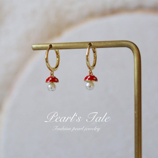 Dainty Mushroom Earrings with Pearl design by Pearl’s Tale• Minimalist Earrings • 925 sterling silver Hoop Earring • Unique Pearl earrings