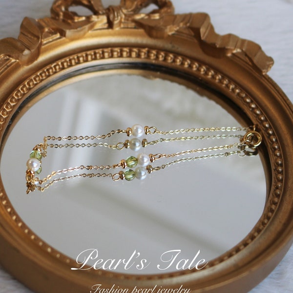 Natural Peridot and Pearl bracelet• 18k Solid Gold Bracelet• Dainty Pearl jewelry• Birthstone Bracelet• Danity Wedding Jewelry •
