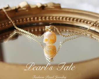 Natural Pink Pearl Necklace • Hand-carved Pearl Skull necklace•Unique Pearl jewelry•Crying face pendant •14k Gold filled necklace•